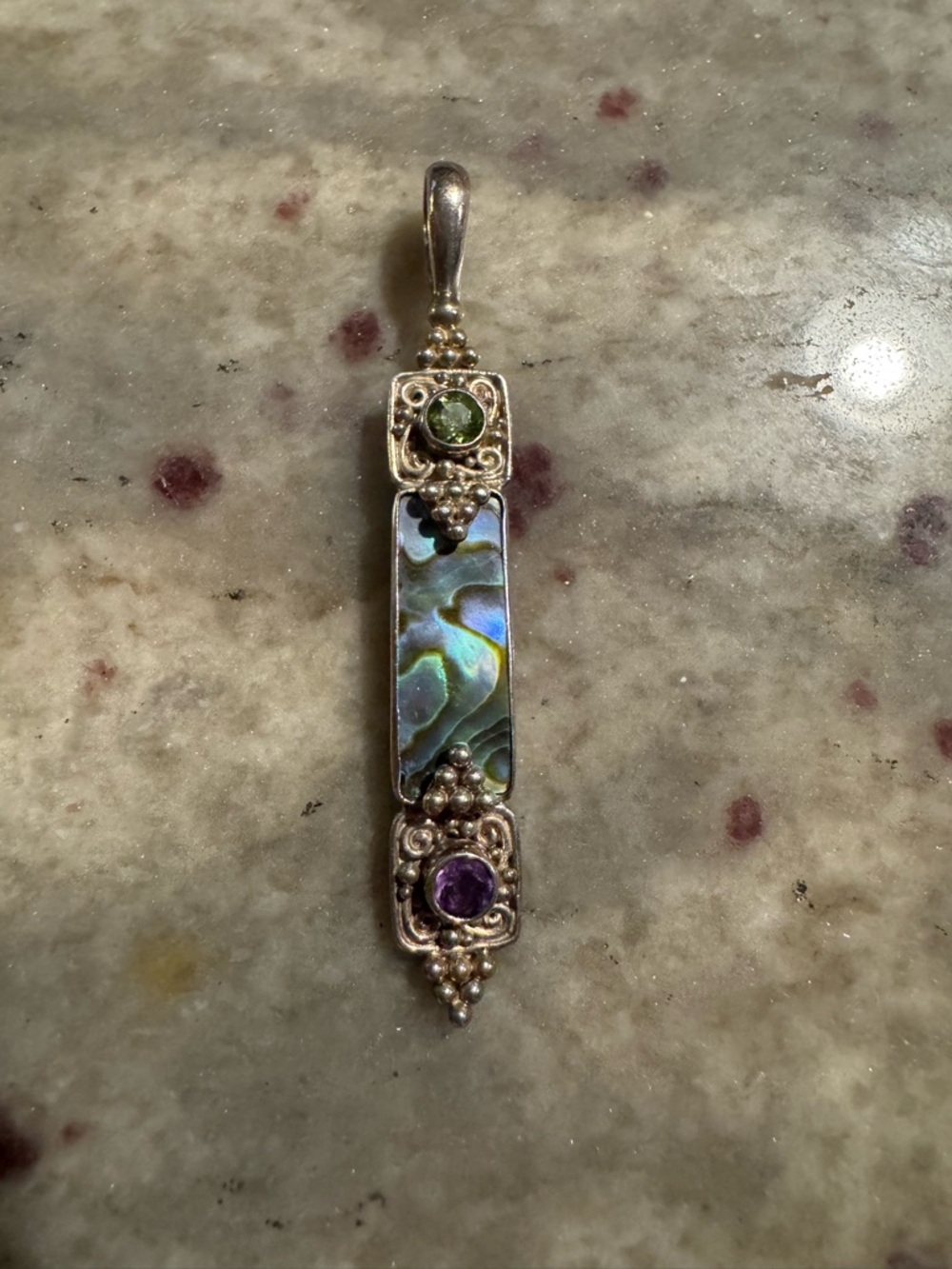 Sajen Sterling Abalone Bar Pendant with Green Peridot and Purple Amethyst